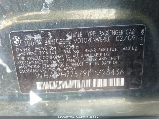 2009 BMW 3 SERIES 328I VIN: WBAPH77579NM28436