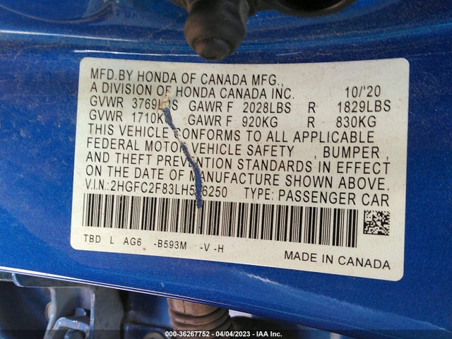 2020 HONDA CIVIC SEDAN SPORT VIN: 2HGFC2F83LH596250