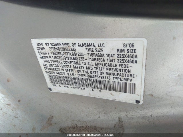 2006 HONDA ODYSSEY TOURING VIN: 5FNRL38896B128113