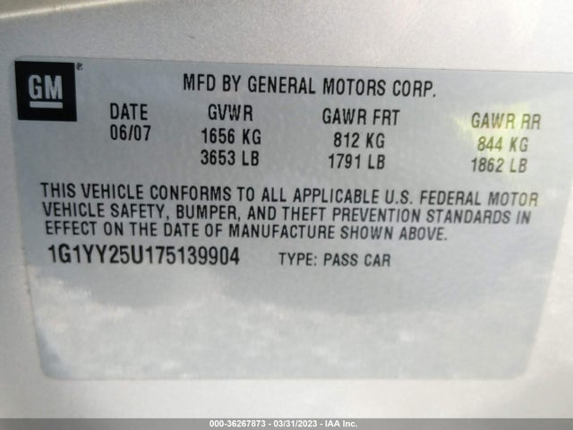 2007 CHEVROLET CORVETTE VIN: 1G1YY25U175139904