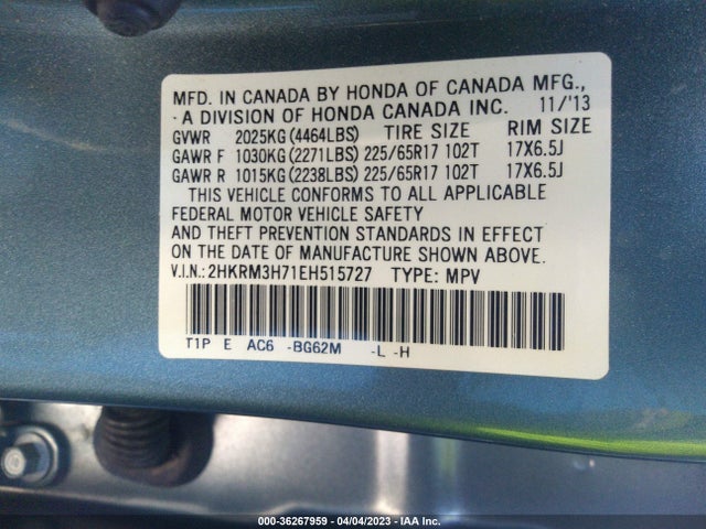 2014 HONDA CR-V EX-L VIN: 2HKRM3H71EH515727