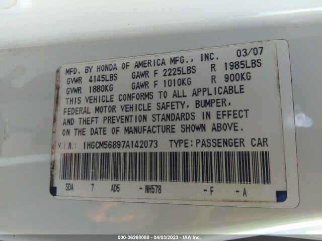 2007 HONDA ACCORD SDN EX-L VIN: 1HGCM56897A142073