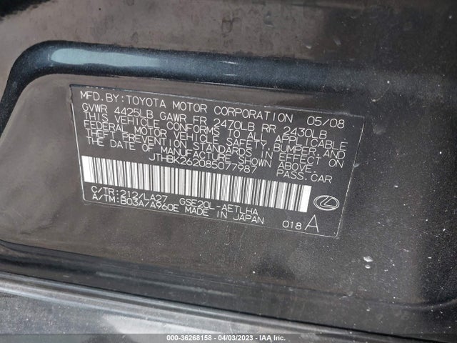 2008 LEXUS IS 250 VIN: JTHBK262085077987