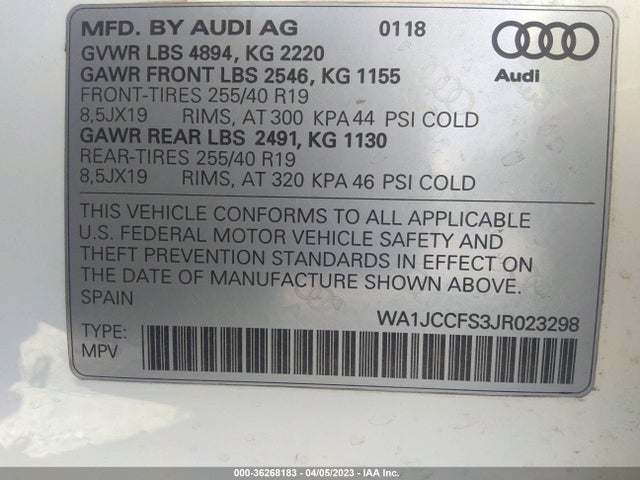 2018 AUDI Q3 PREMIUM PLUS VIN: WA1JCCFS3JR023298