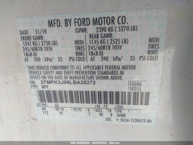 2020 FORD EDGE SEL/ST-LINE VIN: 2FMPK3J99LBA28272