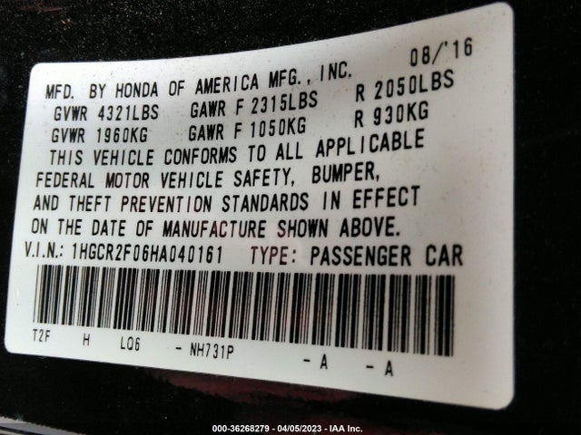 Honda ACCORD EX 2017 1HGCR2F06HA040161 Image 9