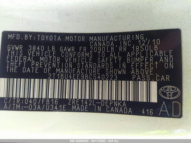 2011 TOYOTA COROLLA LE VIN: 2T1BU4EE9BC540223