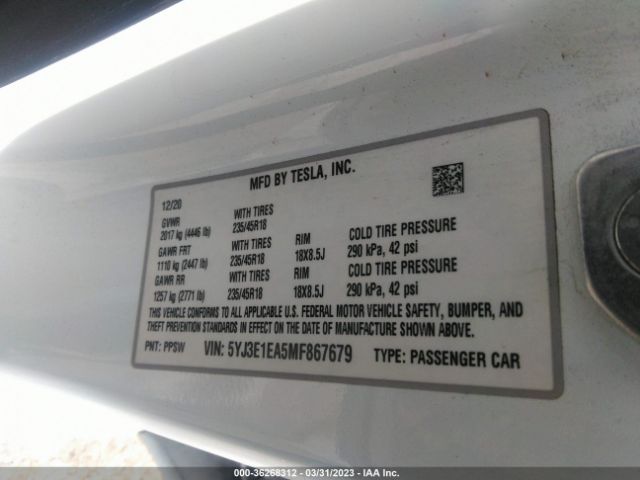 5YJ3E1EA5MF867679 Tesla Model 3 Standard Range Plus