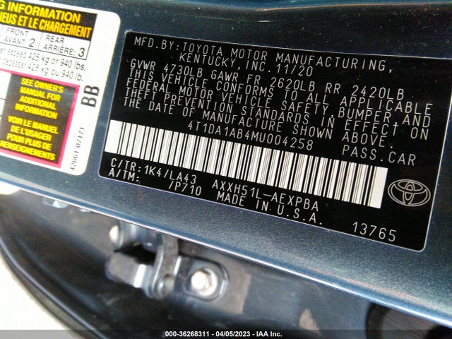 2021 Toyota Avalon, VIN: 4T1DA1AB4MU004258