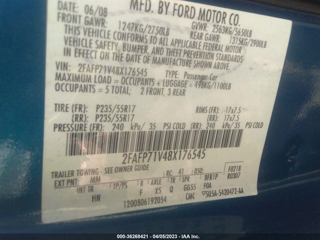 2008 FORD POLICE INTERCEPTOR VIN: 2FAFP71V48X176545