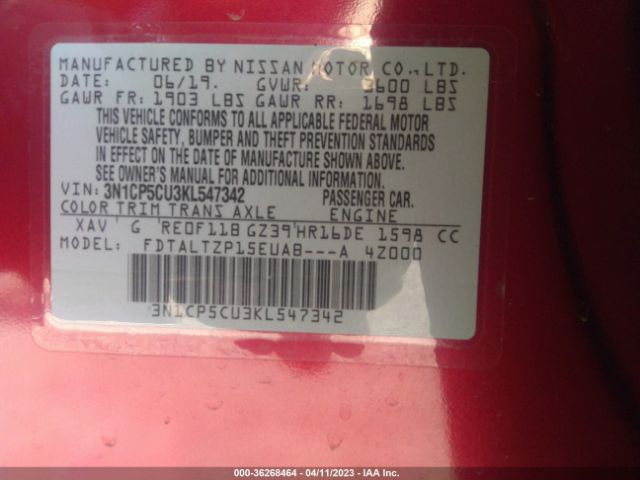 3N1CP5CU3KL547342 Nissan KICKS SR
