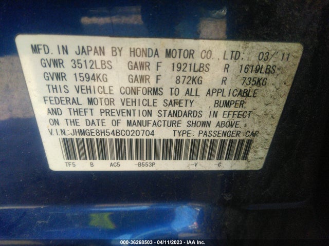 2011 HONDA FIT SPORT VIN: JHMGE8H54BC020704