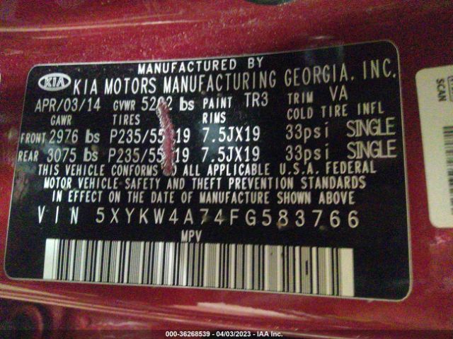 5XYKW4A74FG583766 KIA SORENTO SX
