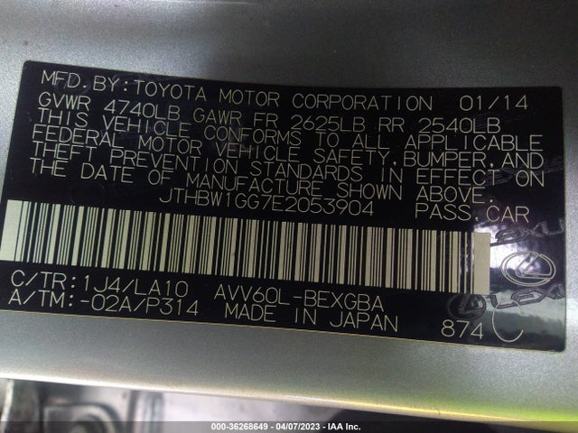 JTHBW1GG7E2053904 Lexus Es 300h Hybrid