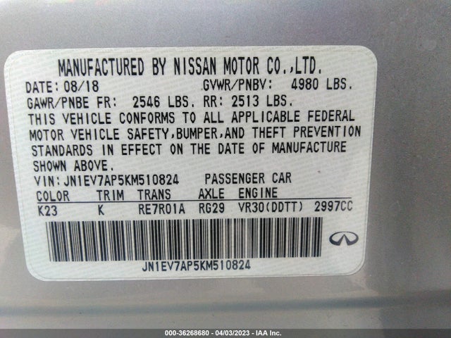 Aukcja sprzedaży 2019 Infiniti Q50 3.0t Luxe, vin: JN1EV7AP5KM510824, numer aukcji: 36268680