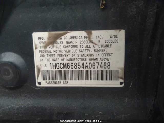 2004 HONDA ACCORD SDN EX VIN: 1HGCM66854A067468