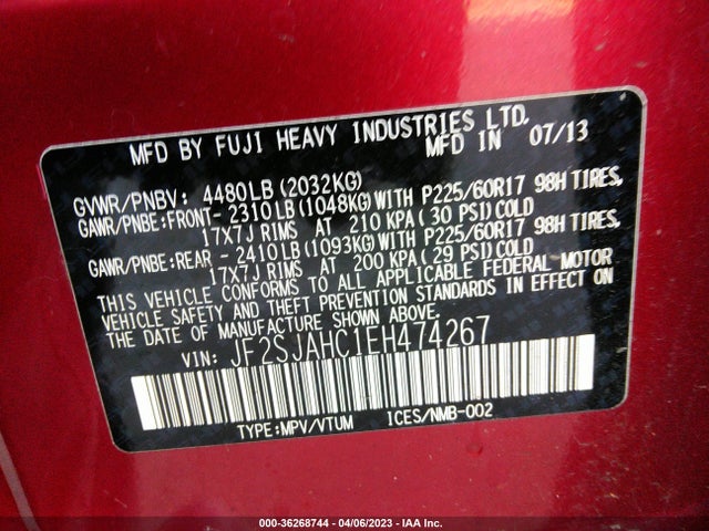 2014 SUBARU FORESTER VIN: JF2SJAHC1EH474267