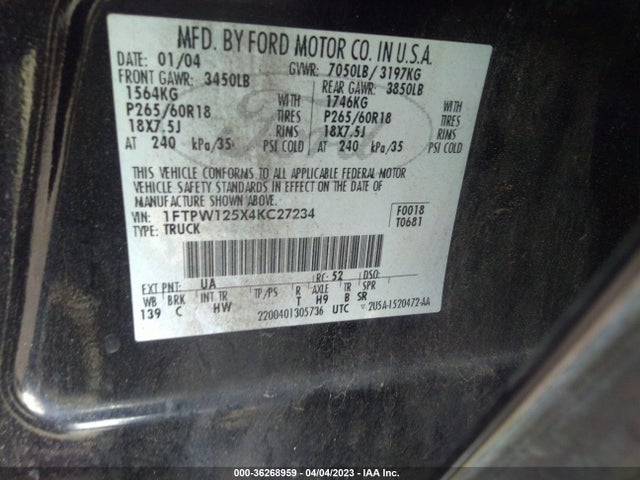 2004 FORD F-150 XLT/LARIAT VIN: 1FTPW125X4KC27234