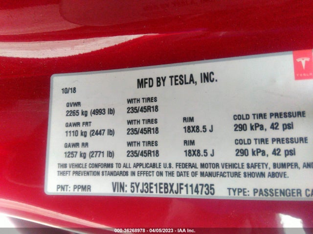 Tesla Model 3 Long Range 2018 5YJ3E1EBXJF114735 Image 10