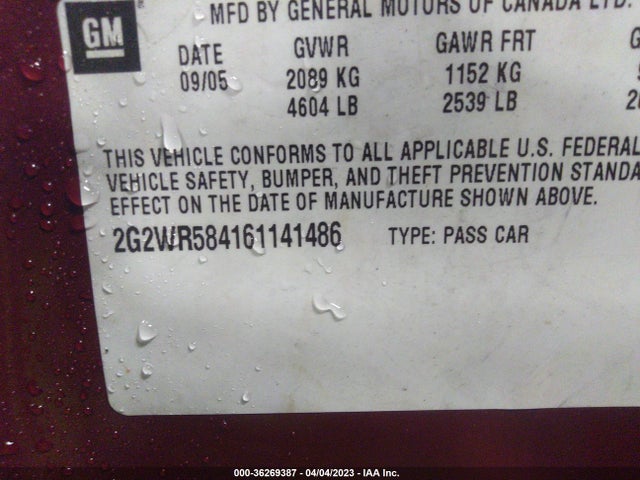 2006 PONTIAC GRAND PRIX GT VIN: 2G2WR584161141486