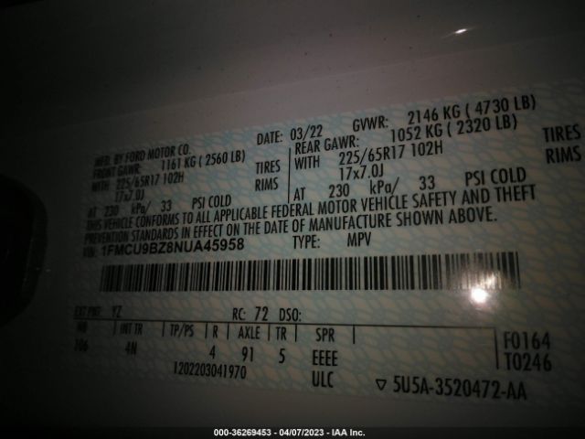 1FMCU9BZ8NUA45958 Ford Escape Se Hybrid