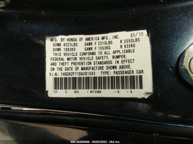 2013 HONDA ACCORD SDN EX VIN: 1HGCR2F71DA091543
