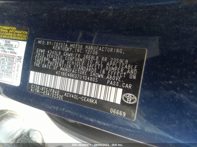 2007 TOYOTA CAMRY CE/LE/SE/XLE VIN: 4T1BE46K07U104805