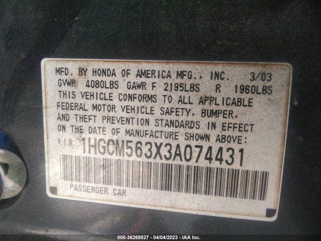 2003 HONDA ACCORD SDN LX VIN: 1HGCM563X3A074431