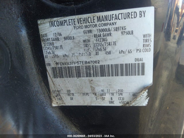36269665 :رقم المزاد ، 1FDWX37P57EB47062 vin ، 2007 Ford Super Duty F-350 Drw Xl/xlt/lariat مزاد بيع