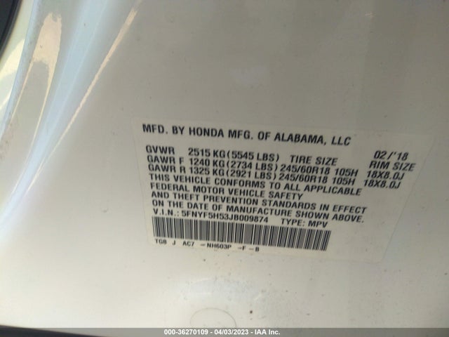 Honda Pilot Ex-l 2018 5FNYF5H53JB009874 Image 9