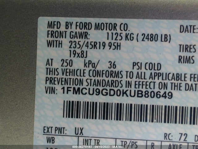 Ford ESCAPE SE 2019 1FMCU9GD0KUB80649 Image 10