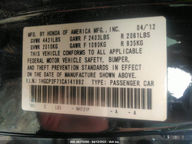 2012 HONDA ACCORD SDN EX VIN: 1HGCP2F71CA141992