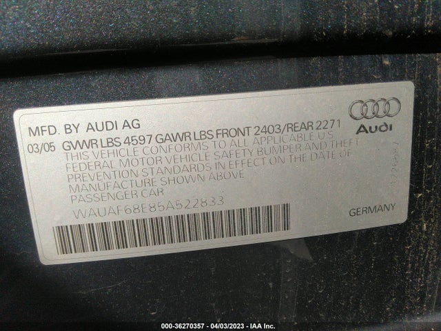 2005 AUDI A4 2.0T VIN: WAUAF68E85A522833