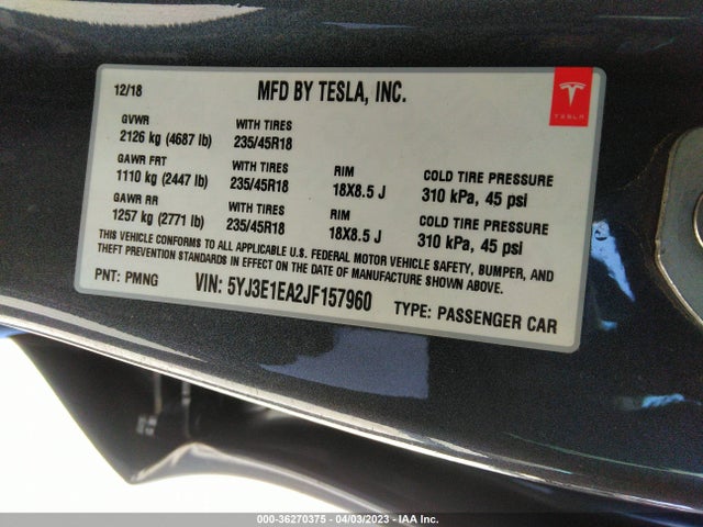Tesla Model 3 Range Battery 2018 5YJ3E1EA2JF157960 Image 9