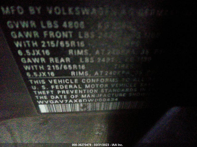2013 VOLKSWAGEN TIGUAN S VIN: WVGAV7AX8DW000434