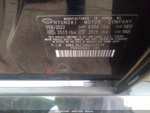 2022 HYUNDAI SONATA LIMITED VIN: KMHL34J26NA209574