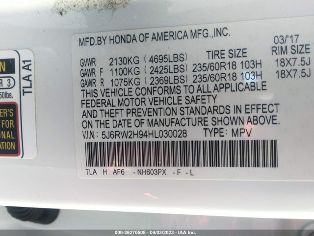 Honda Cr-v Touring 2017 5J6RW2H94HL030028 Image 9