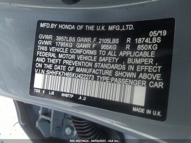 Honda Civic Hatchback Ex 2019 SHHFK7H65KU422273 Image 9