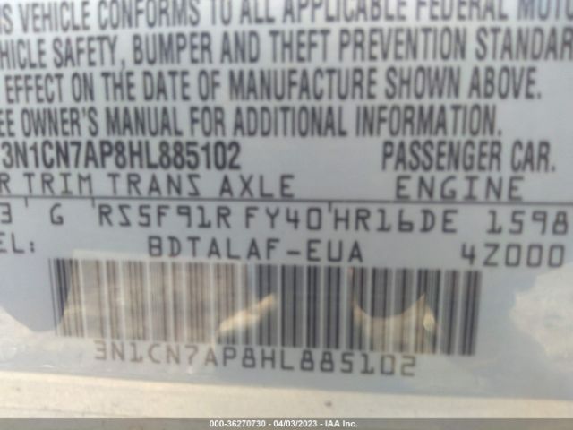 3N1CN7AP8HL885102 Nissan Versa Sedan S