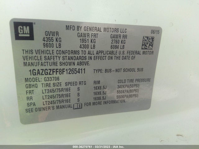 2015 Chevrolet Express, VIN: 1GAZGZFF8F1265411