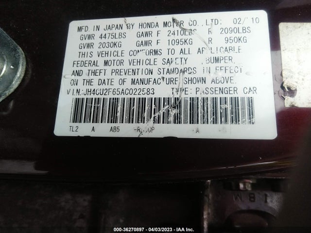 2010 ACURA TSX VIN: JH4CU2F65AC022583