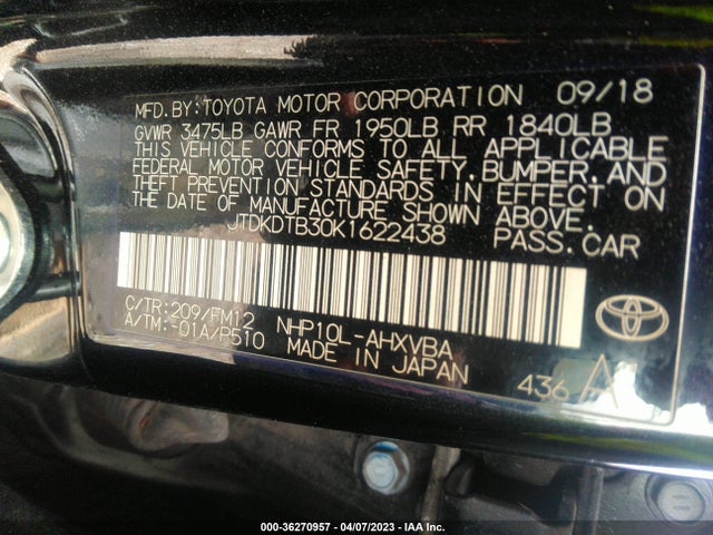 2019 Toyota Prius, VIN: JTDKDTB30K1622438