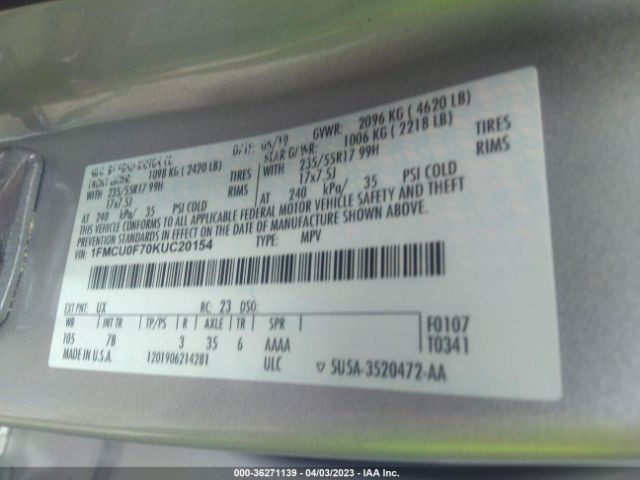 1FMCU0F70KUC20154 Ford ESCAPE S