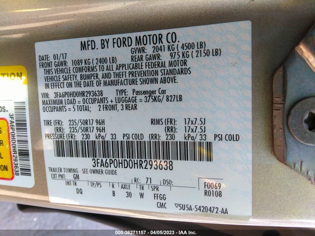 Ford FUSION SE 2017 3FA6P0HD0HR293638 Image 11