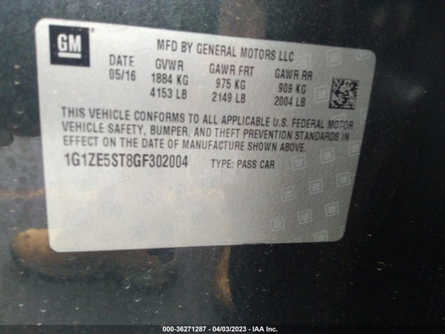 2016 CHEVROLET MALIBU LT VIN: 1G1ZE5ST8GF302004