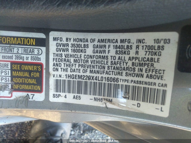 2004 HONDA CIVIC EX VIN: 1HGEM229X4L016066