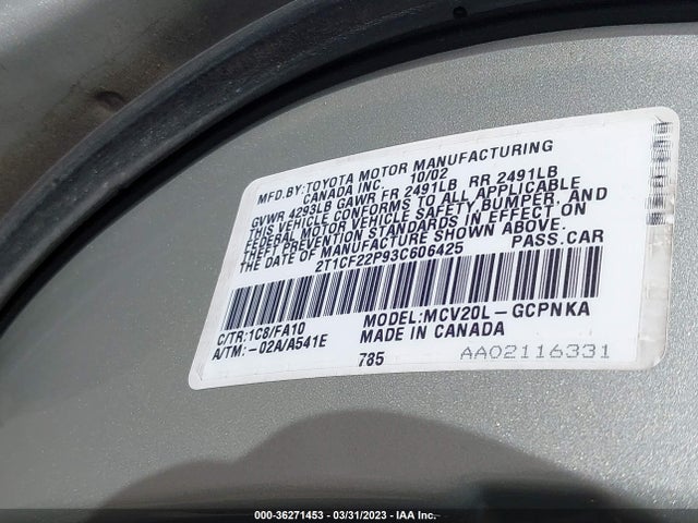 2003 TOYOTA CAMRY SOLARA SE/SLE VIN: 2T1CF22P93C606425