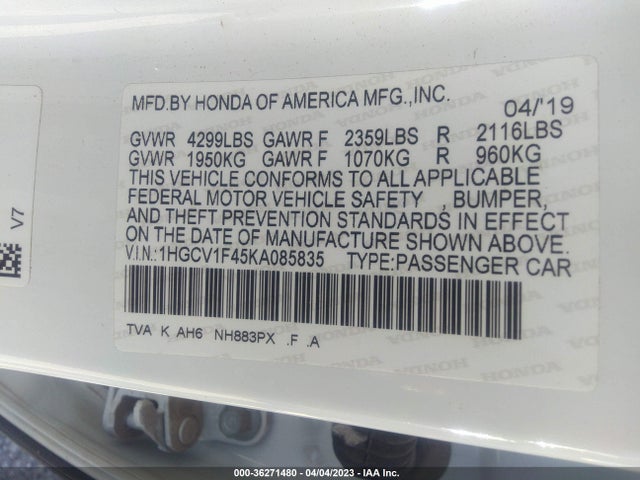 2019 HONDA ACCORD SEDAN EX 1.5T VIN: 1HGCV1F45KA085835