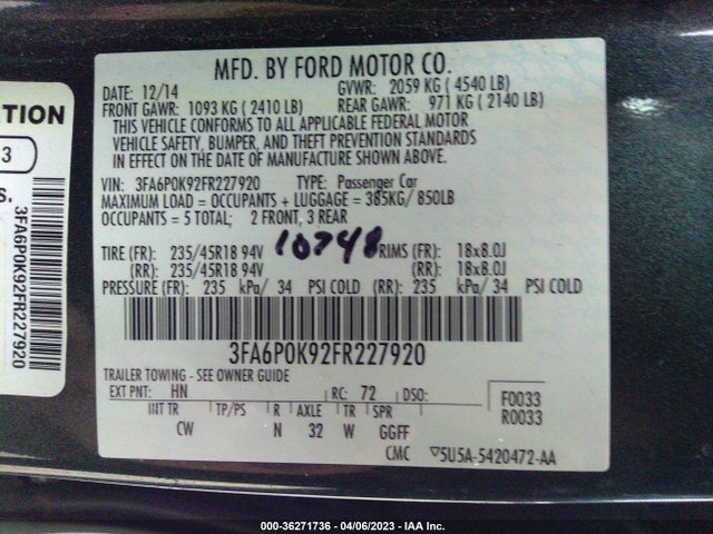 Ford Fusion Titanium 2015 3FA6P0K92FR227920 Image 9