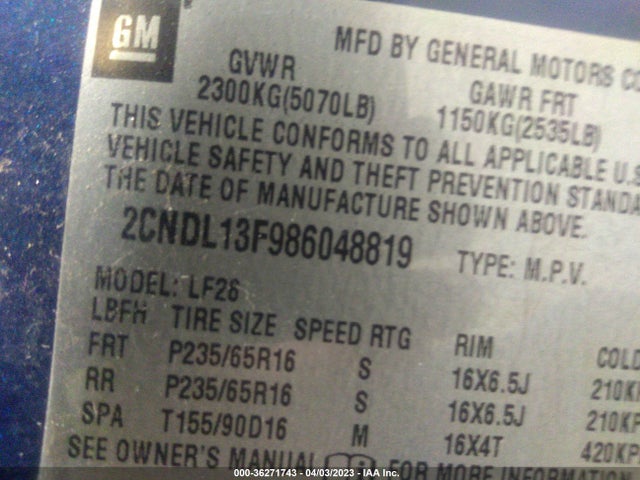 2008 CHEVROLET EQUINOX LS VIN: 2CNDL13F986048819